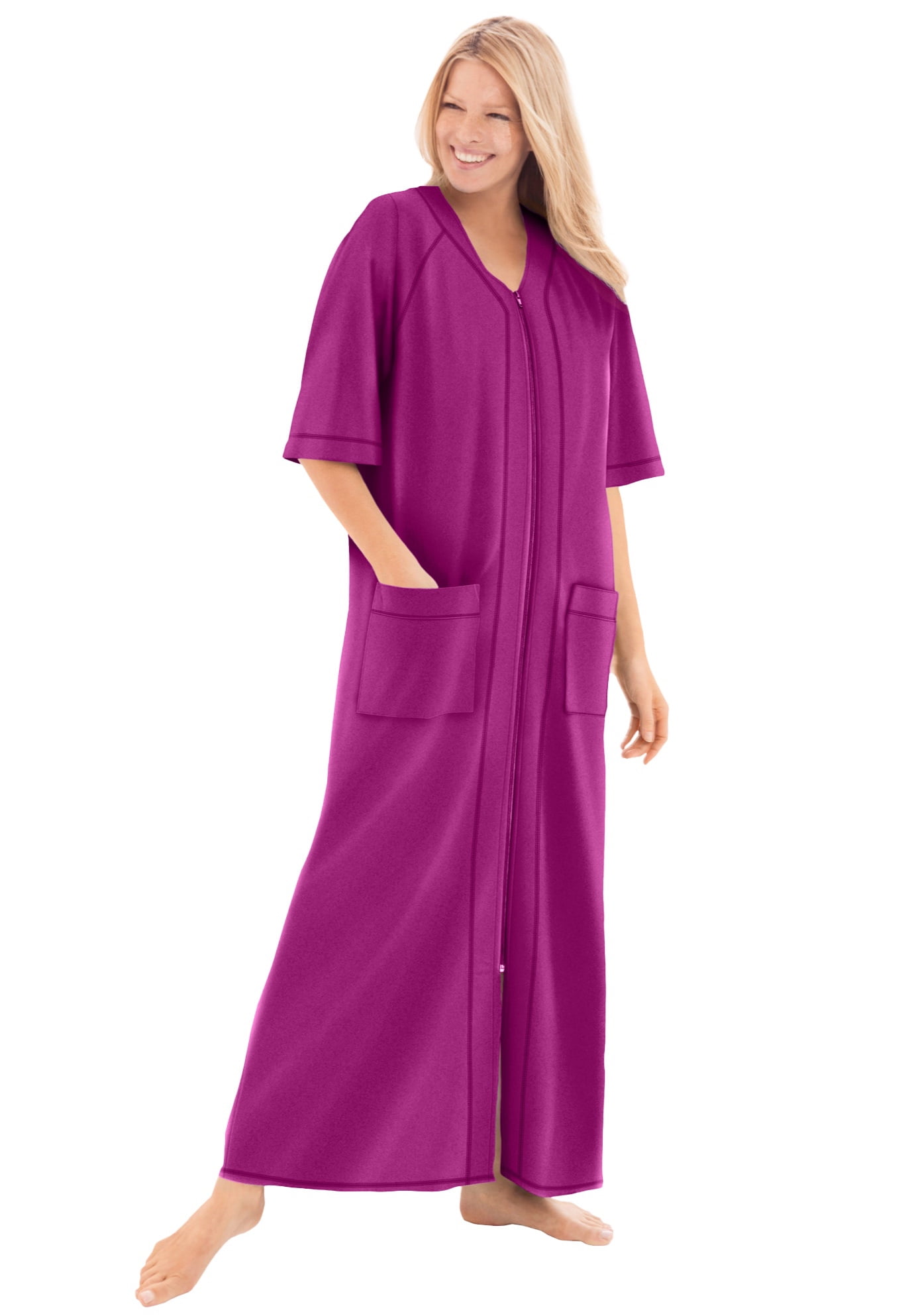 Rich Magenta Plus Size Cotton Blend Zip-Front Robe