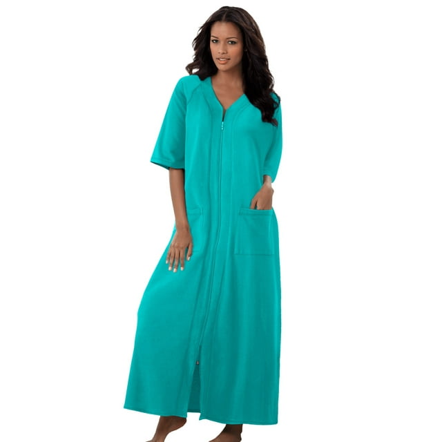 Dreams & Co. Women's Plus Size Long French Terry Zip-Front Robe Robe ...