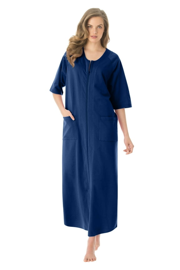Women's Plus Size Long French Terry Zip-Front Robe (Petite Available)