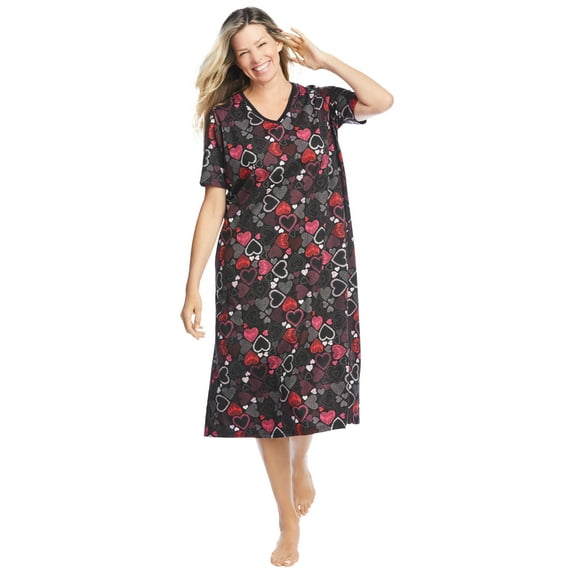 Dreams & Co. Plus Size V-Neck Short Sleeve Midi Cotton Sleep Shirt