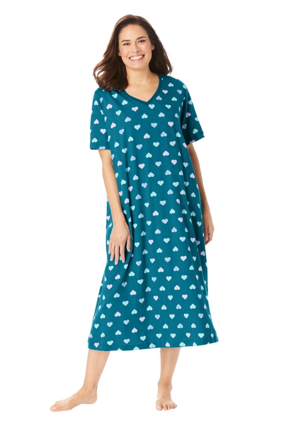 Plus Size V-Neck Short Sleeve Midi Cotton Sleep Shirt