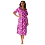 Dreams & Co. Plus Size V-Neck Short Sleeve Midi Cotton Sleep Shirt