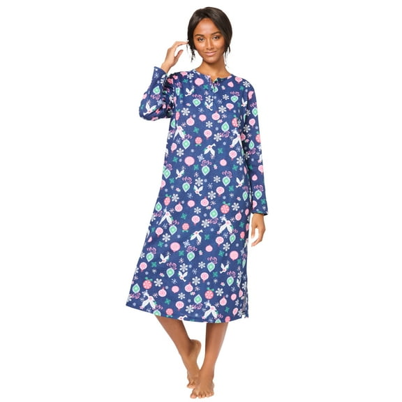 Dreams & Co. Plus Size Long-Sleeve Henley Print Sleepshirt