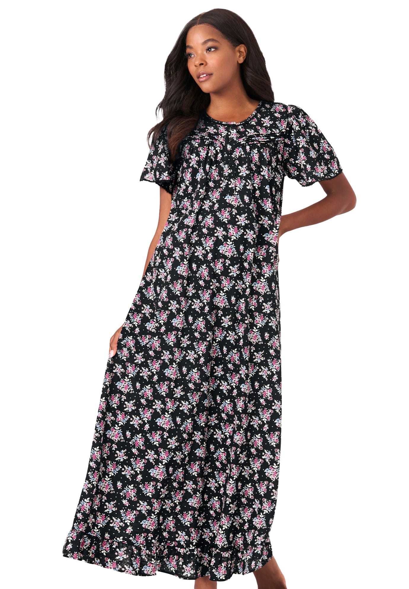 Dreams & Co. Women's Plus Size Petite Long Floral Print Cotton Gown