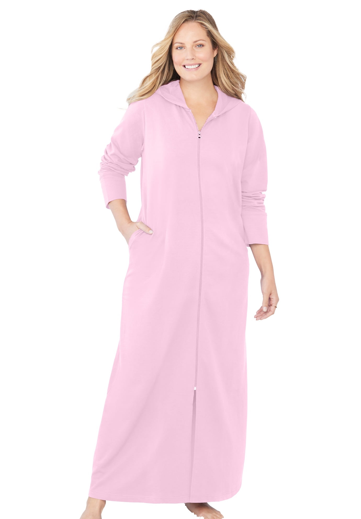 Plus Size Pink Hooded Fleece Long Robe with Pockets