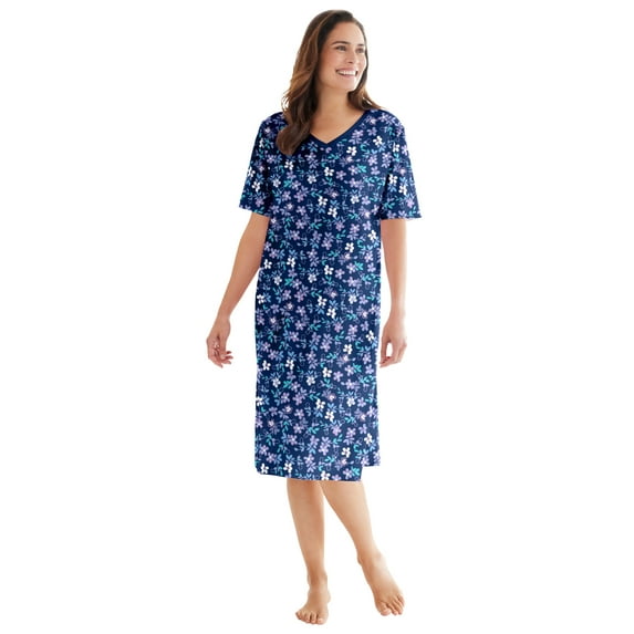 Dreams & Co. Plus Size V-Neck Short Sleeve Knee-Length Cotton Sleepshirt