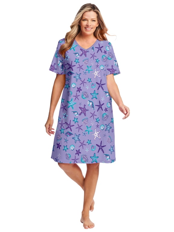 Plus Size V-Neck Short Sleeve Knee-Length Cotton Sleepshirt