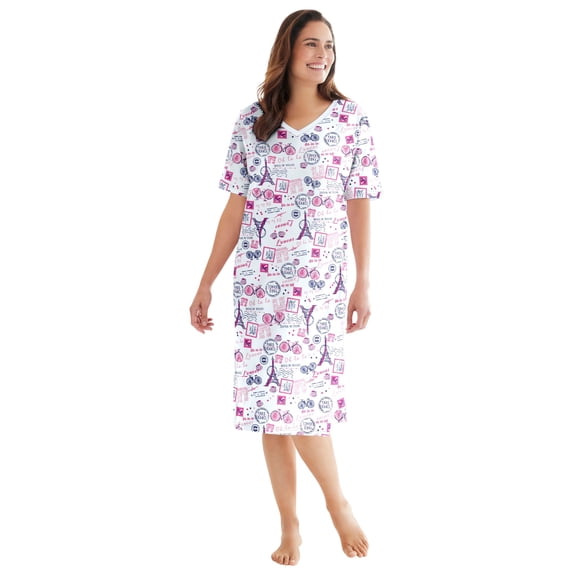 Dreams & Co. Plus Size V-Neck Short Sleeve Knee-Length Cotton Sleepshirt