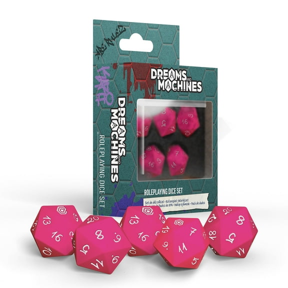 Dreams and Machines: Dice Set - Hot Pink - 5 d20 RPG Dice Set, Roleplaying Accessory