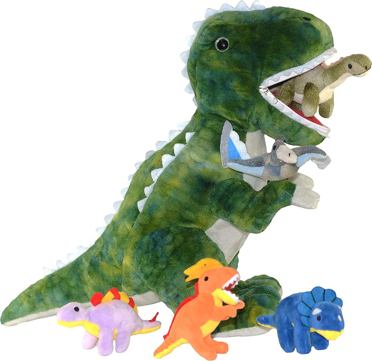 DreamsBe Dinosaur Stuffed Animal T-Rex and 5 Little Dinos for Boys & Girls  - Plush Stuffie with Zippered Pocket Eating Dinosaurs Gift Ages 3 4 6 7 8 9