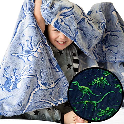Dinosaur Blanket Glow in The Dark Luminous Dino Blanket for Kids - Soft Plush Blue T-Rex Blanket Throw for Boys and Girls - Large 60in x 50in Glowing Jurassic Dinosaur Fossil Gift Dino Bones Blan