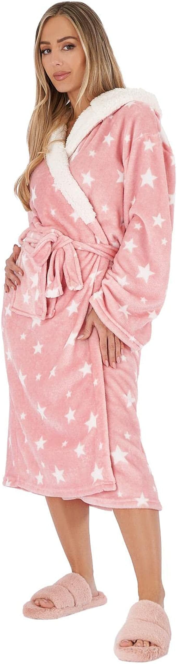 Dreamscene Star Print Sherpa Hooded Dressing Gown Bathrobe, One Size