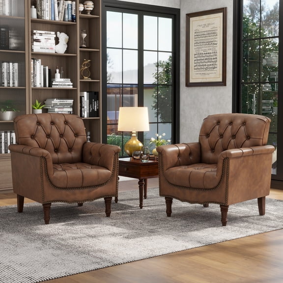 Dreamsidea Faux Leather Accent Chair Set of 2 for living Room, Button Tufted Wingback Armchair with Wood Legs Brown