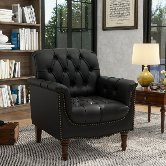 Dreamsidea Faux Leather Accent Chair for living Room, Button Tufted Wingback Armchair with Wood Legs Black
