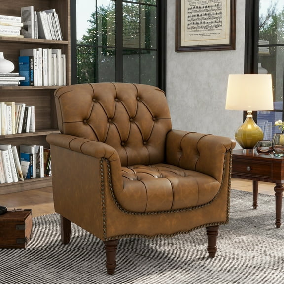 Dreamsidea Faux Leather Accent Chair for living Room, Button Tufted Wingback Armchair with Wood Legs Camel