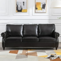 Dreamsir 80" Faux Leather Sofa Couch - Traditional 3-Seater with Nailhead Trim, Rolled Arms, and Easy Assembly (Charcoal Black)
