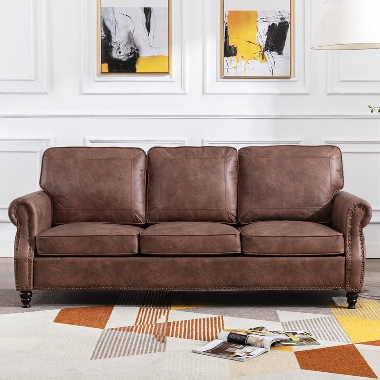 Rhea 88 Inch Accent Sofa, Brown Vegan Faux Leather, Nailhead Trim Accent By Casagear Home main image 0