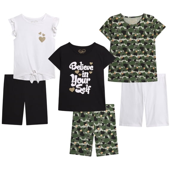 Dreamstar Girls Active Shorts Set Kids Fashion T-Shirts & Athletic Bike Shorts for Girls 6 Piece