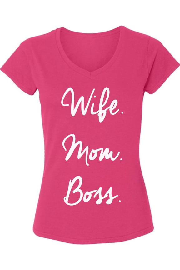Wife Mom Boss White Print V-Neck T-Shirts for Ladies Women Top - S M L XL 2XL Graphic Tee Mother's Day Gift