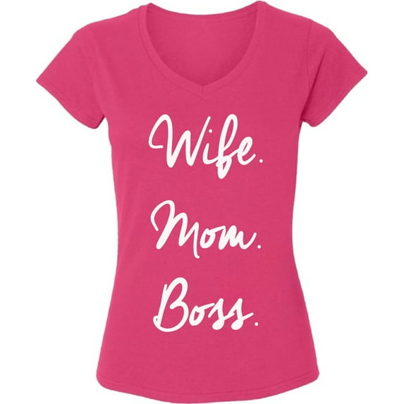 Dreamtees Wife Mom Boss White Print V-Neck T-Shirts for Ladies Women Top - S M L XL 2XL Graphic Tee Mother's Day Gift