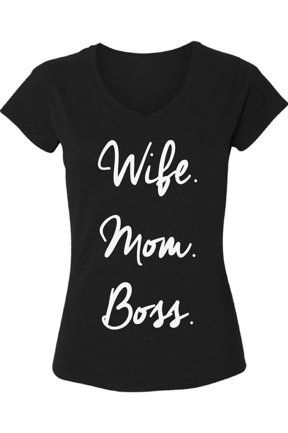 Wife Mom Boss White Print V-Neck T-Shirts for Ladies Women Top - S M L XL 2XL Graphic Tee Mother's Day Gift