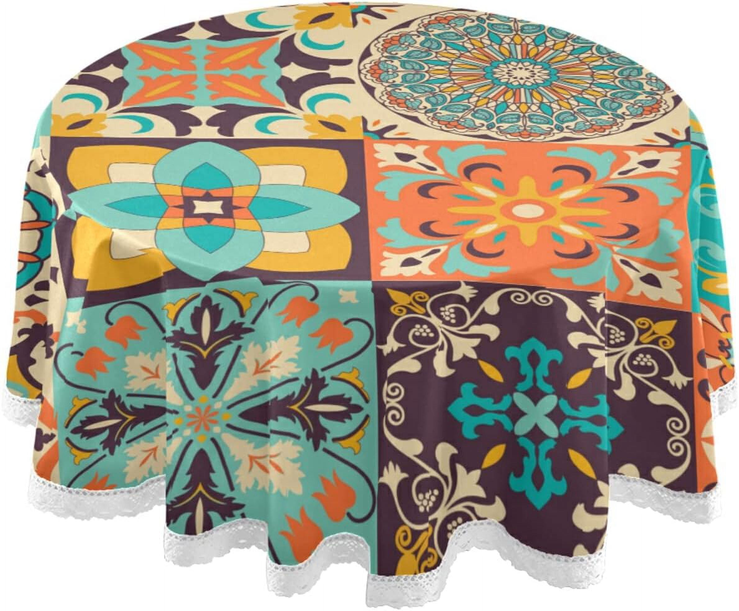 Dreamtime Colorful Tiles Azulejos Round Tablecloth 60", Table Cover