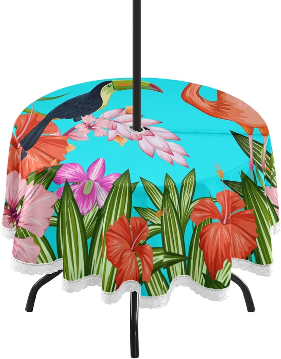 Dreamtime Round Tablecloth 60", Tropical Flower Flamingo Bird Waterproof Table Cover with