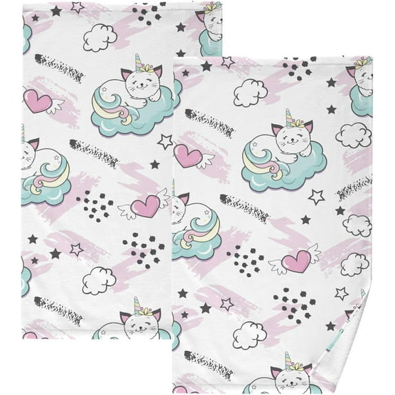 Dreamtimes 16x28 Inch Face Hand Towel Set Cat Unicorn Splash Heart and Stars White Cotton Washcloths, Quick-Dry Highly Absorbent Bath Towels 2 Pcs for Bathroom Ktichen Travel SPA Gym