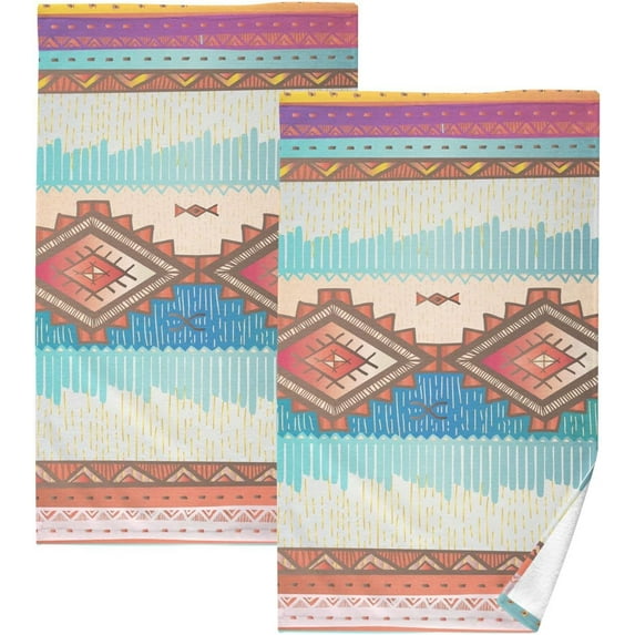 Dreamtimes 16x28 Inch Face Hand Towel Set Colorful Boho Cotton Washcloths, Quick-Dry Highly Absorbent Bath Towels 2 Pcs for Bathroom Ktichen Travel SPA Gym