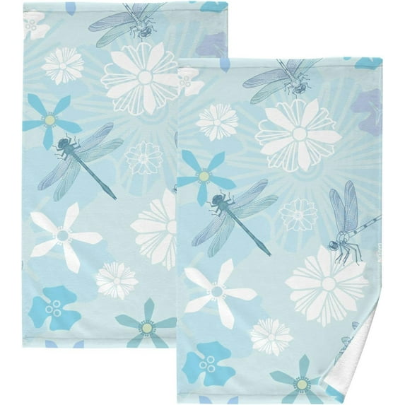 Dreamtimes 16x28 Inch Face Hand Towel Set Dragonfly Flower Cotton Washcloths, Quick-Dry Highly Absorbent Bath Towels 2 Pcs for Bathroom Ktichen Travel SPA Gym