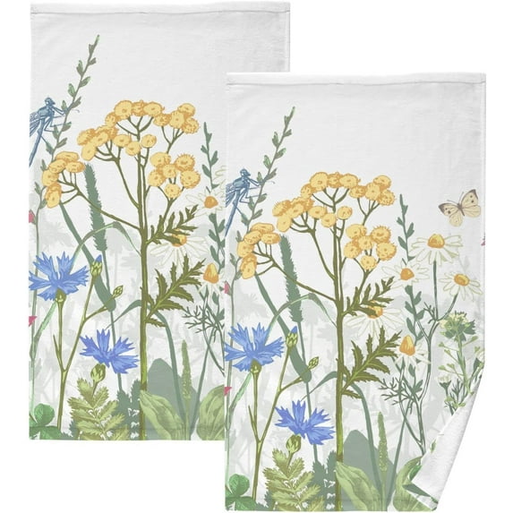 Dreamtimes 16x28 Inch Face Hand Towel Set Dragonfly Flowers Cotton Washcloths, Quick-Dry Highly Absorbent Bath Towels 2 Pcs for Bathroom Ktichen Travel SPA Gym