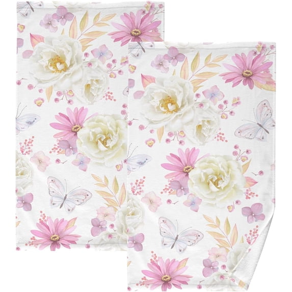 Dreamtimes 16x28 Inch Face Hand Towel Set Spring Pattern White Roses Purple Cotton Washcloths, Quick-Dry Highly Absorbent Bath Towels 2 Pcs for Bathroom Ktichen Travel SPA Gym