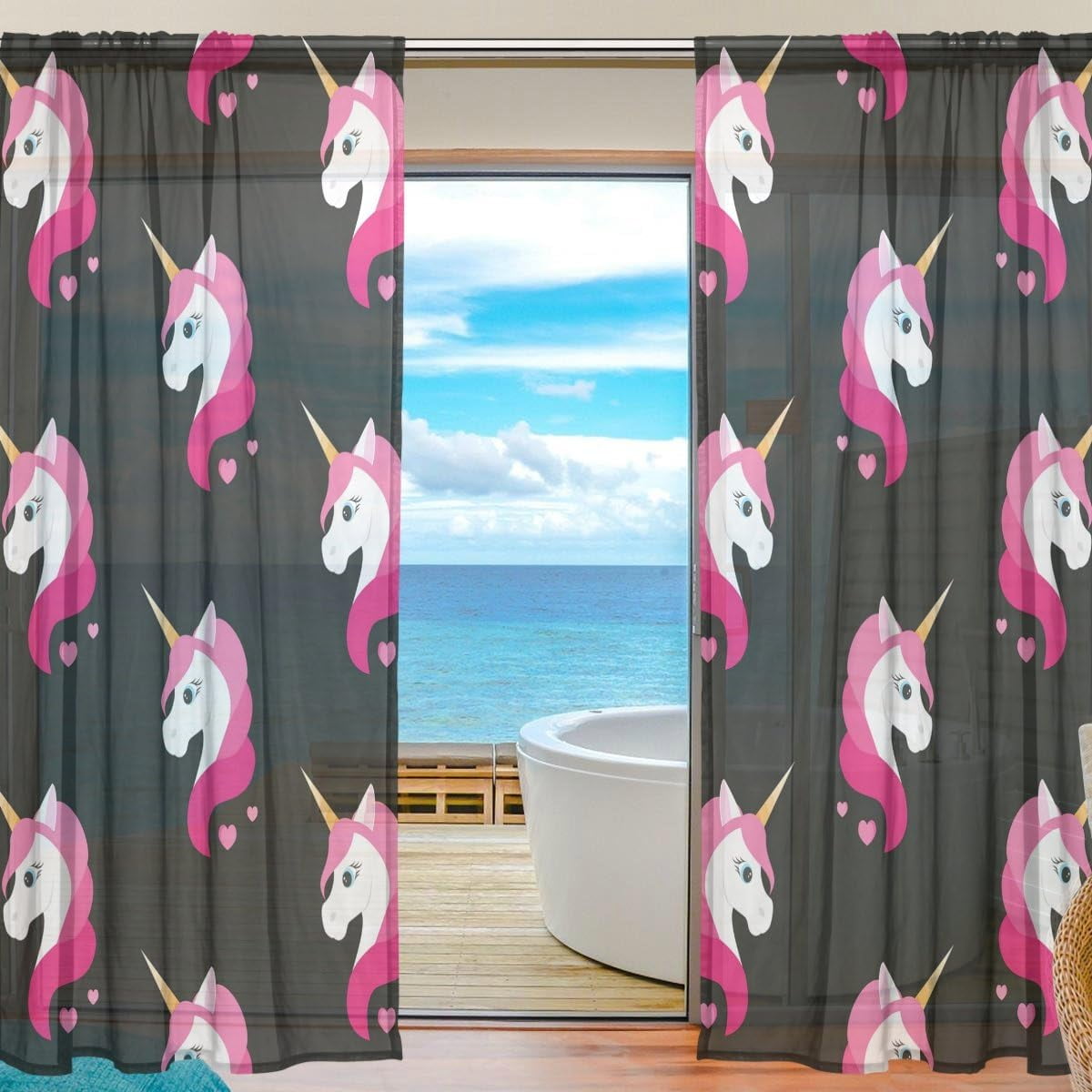 Dreamtimes 2 PCS Seamless Unicorns Sheer Gauze Door Curtains, Window