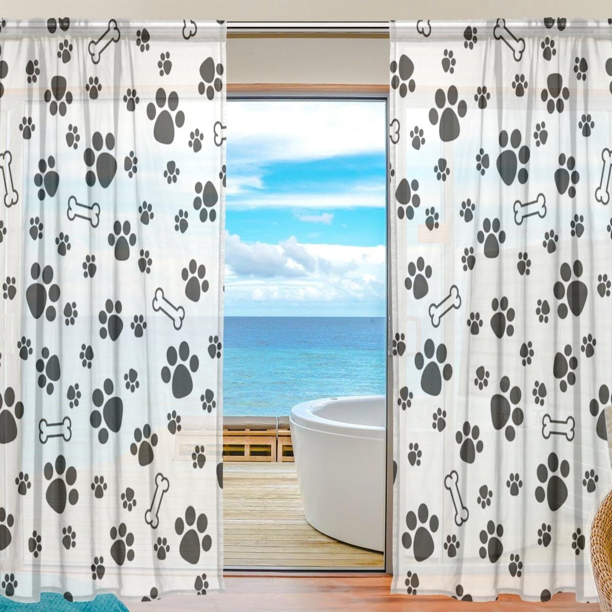 Dreamtimes 2 PCS White Black Dog Paw Sheer Gauze Door Curtains, Window