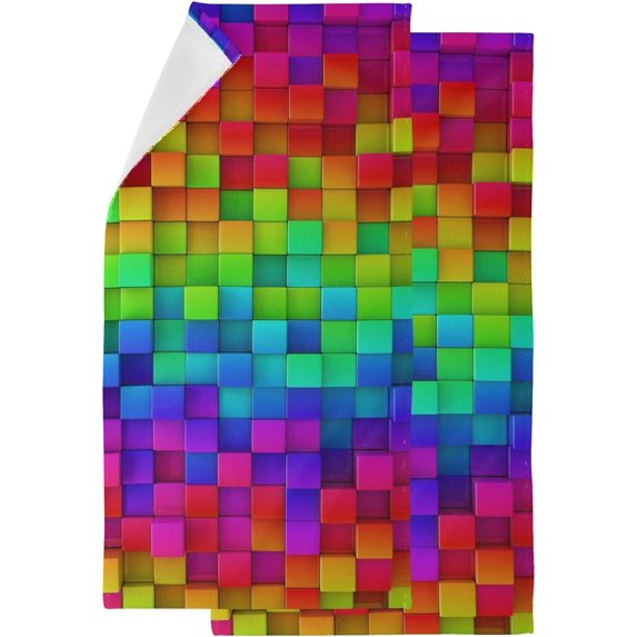 Dreamtimes 2 Piece 3D Rainbow Colorful Blocks Printed Soft Fluffy Guest Hand Towels, Multipurpose for Bathroom, Hotel, Gym and Spa (14" x 28")