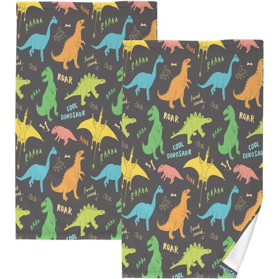 Dreamtimes 2 Piece Cute Dino Pattern Hand Towels for Bath Decorative, Pure Cotton Guest Towels Fingertip Towels for Bathroom Spa Gym,16 x 28 inch