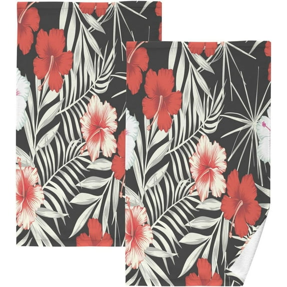 Dreamtimes 2 Piece Red Hibiscus Flowers Hand Towels for Bath Decorative, Pure Cotton Guest Towels Fingertip Towels for Bathroom Spa Gym,16 x 28 inch
