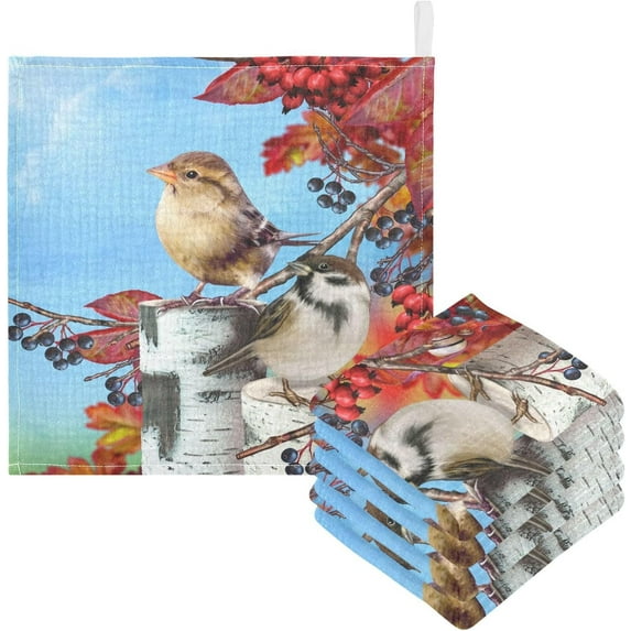 Dreamtimes 3 PCS Autumn Birds Baby Muslin Washcloths, Berries Maple Face Towel Burp Cloths Ultra Soft Absorbent Cotton Bath Wipes Towels for Newborn Boys Girls