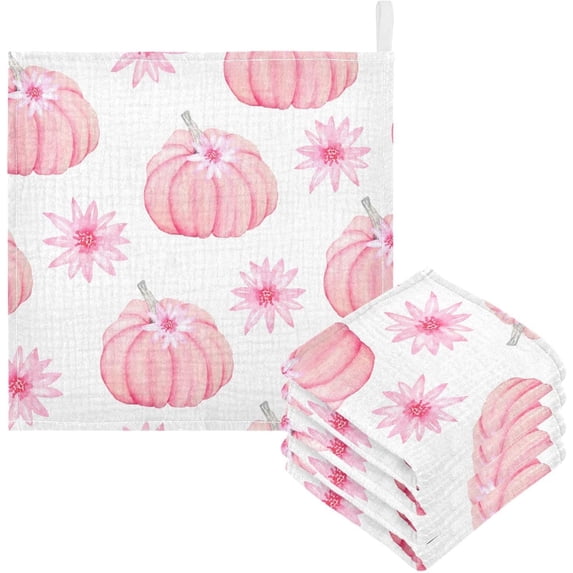 Dreamtimes 3 PCS Autumn Pink Pumpkins Baby Muslin Washcloths, Watercolor Fall Face Towel Burp Cloths Ultra Soft Absorbent Cotton Bath Wipes Towels for Newborn Boys Girls