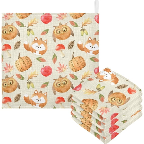 Dreamtimes 3 PCS Cute Funny Owl Fox Baby Muslin Washcloths, Autumn Pumpkins Face Towel Burp Cloths Ultra Soft Absorbent Cotton Bath Wipes Towels for Newborn Boys Girls