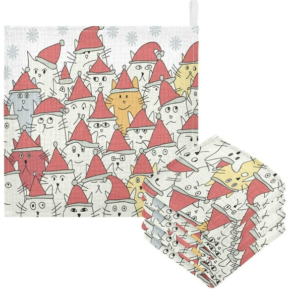 Dreamtimes 3 PCS Funny Cartoon Cats Baby Muslin Washcloths, Christmas Hats Face Towel Burp Cloths Ultra Soft Absorbent Cotton Bath Wipes Towels for Newborn Boys Girls