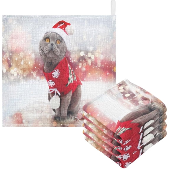 Dreamtimes 3 PCS Snowy Winter Cat Baby Muslin Washcloths, Red Christmas Hat Face Towel Burp Cloths Ultra Soft Absorbent Cotton Bath Wipes Towels for Newborn Boys Girls