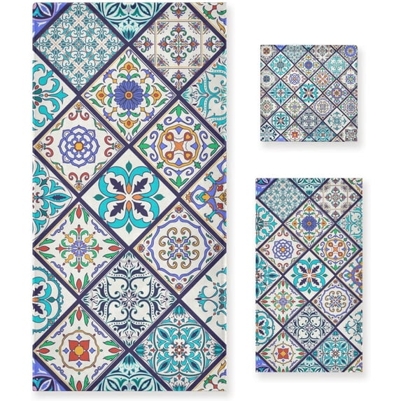 Dreamtimes 3 PCS Towel Beautiful Moroccan Design Cotton Bath Towel Set (1 Bath Towel, 1 Hand Towel, 1 Washcloth) for Bathroom, Super Soft and Quick Dry Towels