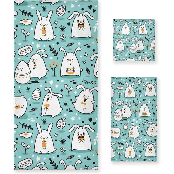 Dreamtimes 3 PCS Towel Easter Bunny Pattern Cotton Bath Towel Set (1 Bath Towel, 1 Hand Towel, 1 Washcloth) for Bathroom, Super Soft and Quick Dry Towels