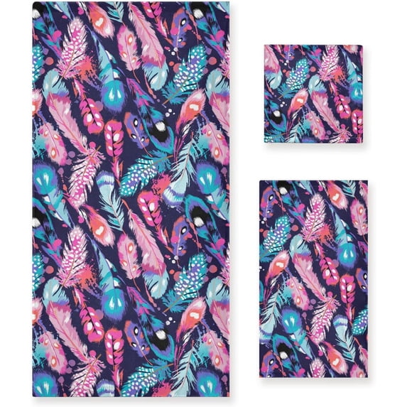 Dreamtimes 3 PCS Towel Gorgeous Feather Graffiti Cotton Bath Towel Set (1 Bath Towel, 1 Hand Towel, 1 Washcloth) for Bathroom, Super Soft and Quick Dry Towels
