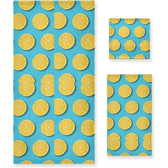 Dreamtimes 3 PCS Towel Lemon Slice Pattern Cotton Bath Towel Set (1 Bath Towel, 1 Hand Towel, 1 Washcloth) for Bathroom, Super Soft and Quick Dry Towels