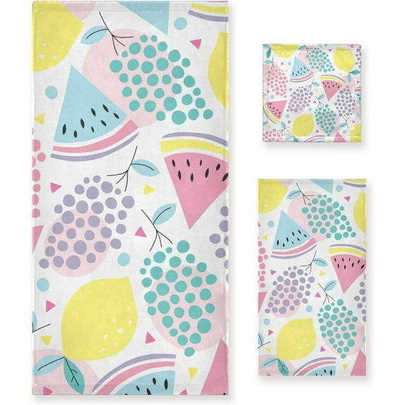 Dreamtimes 3 PCS Towel Summer Fruit Patterns Cotton Bath Towel Set (1 Bath Towel, 1 Hand Towel, 1 Washcloth) for Bathroom, Super Soft and Quick Dry Towels