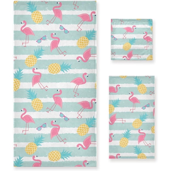 Dreamtimes 3 PCS Towel Tropic Fruit Pineapple & Pink Flamingo Cotton Bath Towel Set (1 Bath Towel, 1 Hand Towel, 1 Washcloth) for Bathroom, Super Soft and Quick Dry Towels