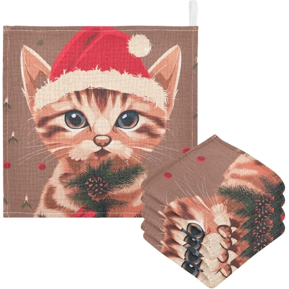 Dreamtimes 3 PCS Watercolor Kitten Christmas Hat Baby Muslin Washcloths, Pine Cone Face Towel Burp Cloths Ultra Soft Absorbent Cotton Bath Wipes Towels for Newborn Boys Girls