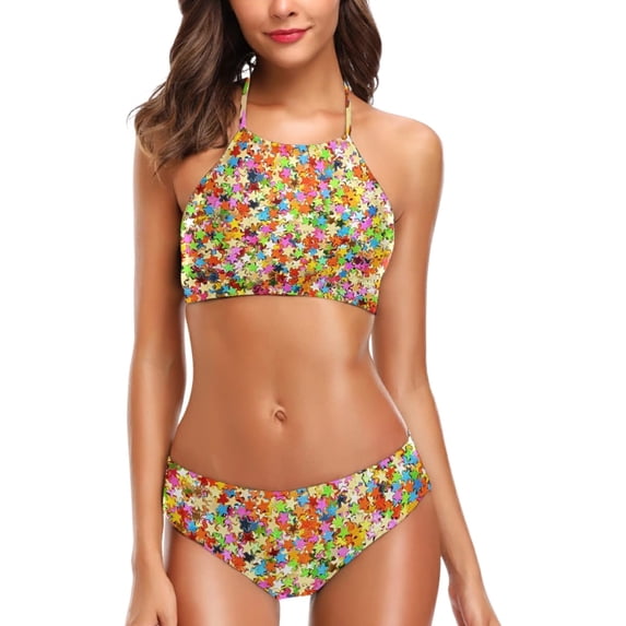 Dreamtimes 3D Beautiful Colorful Stars Confetti Womens 2 Pcs High Waist Halter Swimsuit Bikini Set, Small